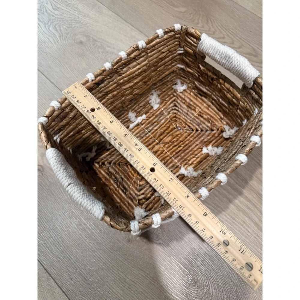 Boho Woven Seagrass Basket Macrame Overlay Rope Handles Small Storage